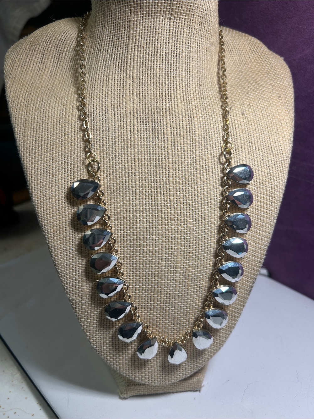 Gold Tone Chain Necklace with Faceted Mirrored Teardrops